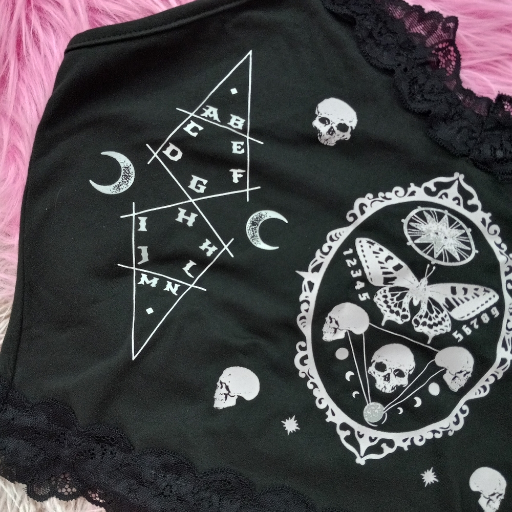 Fairy grunge occult moth cropped tank w/ lace accents! Stretchy! - Picture 2 of 4